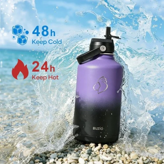 Buzio Duet Series Water Bottle with 2 Lids and Sleeve 1.9L - Purple Black